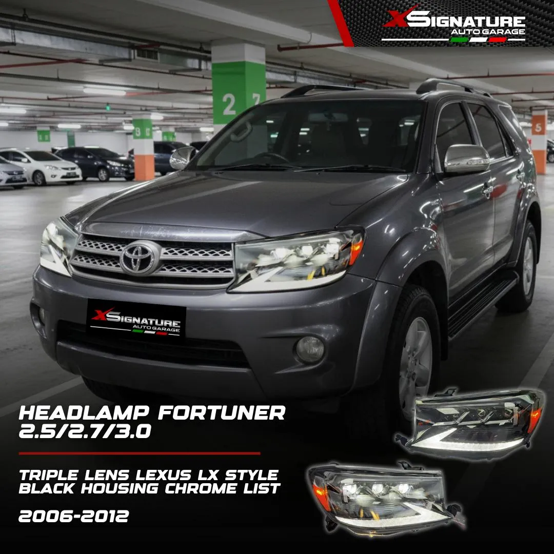 HEADLAMP FORTUNER 2.5/2.7/3.0 (2006-2012) 1KD 2KD 2TR 4X2 4X4 UPGRADE MODEL TRIPLE LENS LEXUS LX STYLE BLACK HOUSING CHROME LIST FULL BILED 3 PROJECTOR LED WITH USDM CORNER LIGHT