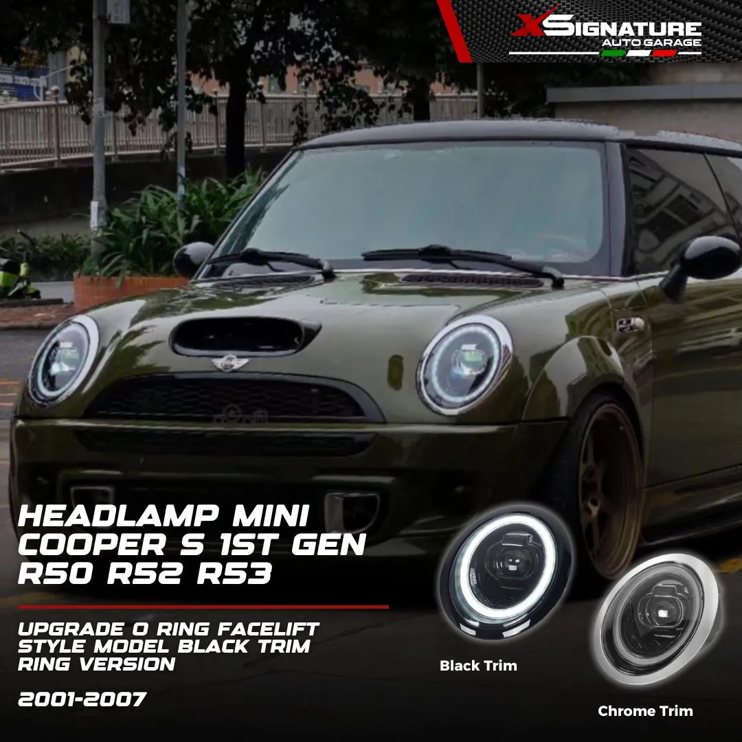 HEADLAMP MINI COOPER S 1ST GEN R50 R52 R53 (2001-2007) UPGRADE O RING FACELIFT STYLE MODEL BLACK TRIM / CHROME TRIM RING VERSION