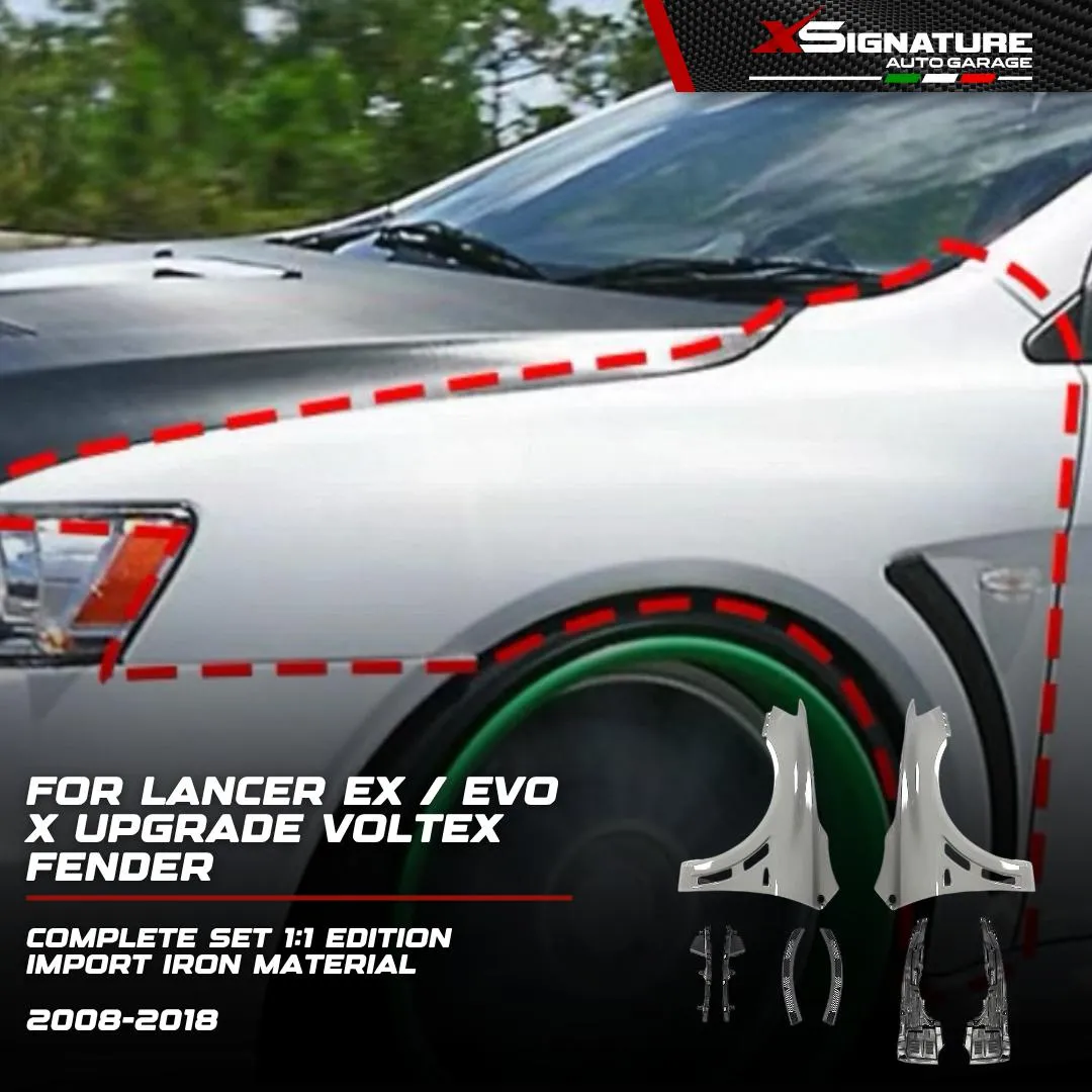 FOR LANCER EX / EVO X (2008-2018) UPGRADE VOLTEX FENDER COMPLETE SET 1:1 EDITION IMPORT IRON MATERIAL (BUKAN BAHAN FIBER) (BAHAN BESI) GOOD FITMENT LENGKAP DENGAN LINER FENDER