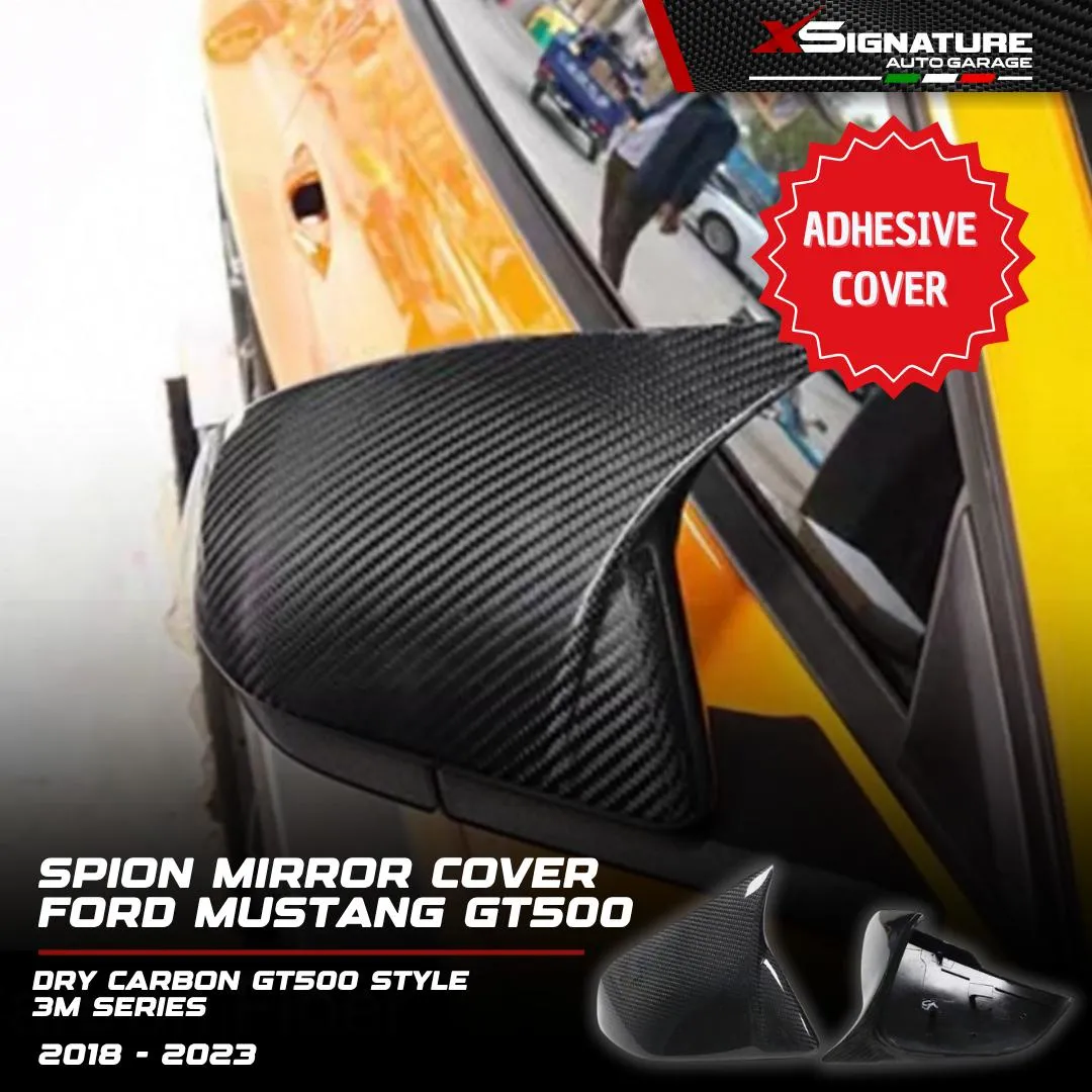 FORD MUSTANG (2013-2023) 2.3 ECOBOOST / 5.0 GT500 STYLE DRY CARBON FIBER SIDE MIRROR COVER SPION 3M SERIES (SYSTEM TEMPEL BUKAN REPLACEMENT) ORIGINAL DRY CARBON FIBER 100% BUKAN CARBON CELUPAN ATAU STICKER